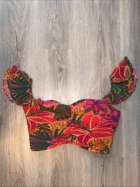 SHEIN Tropical Floral Ruffle-Sleeve Crop Top